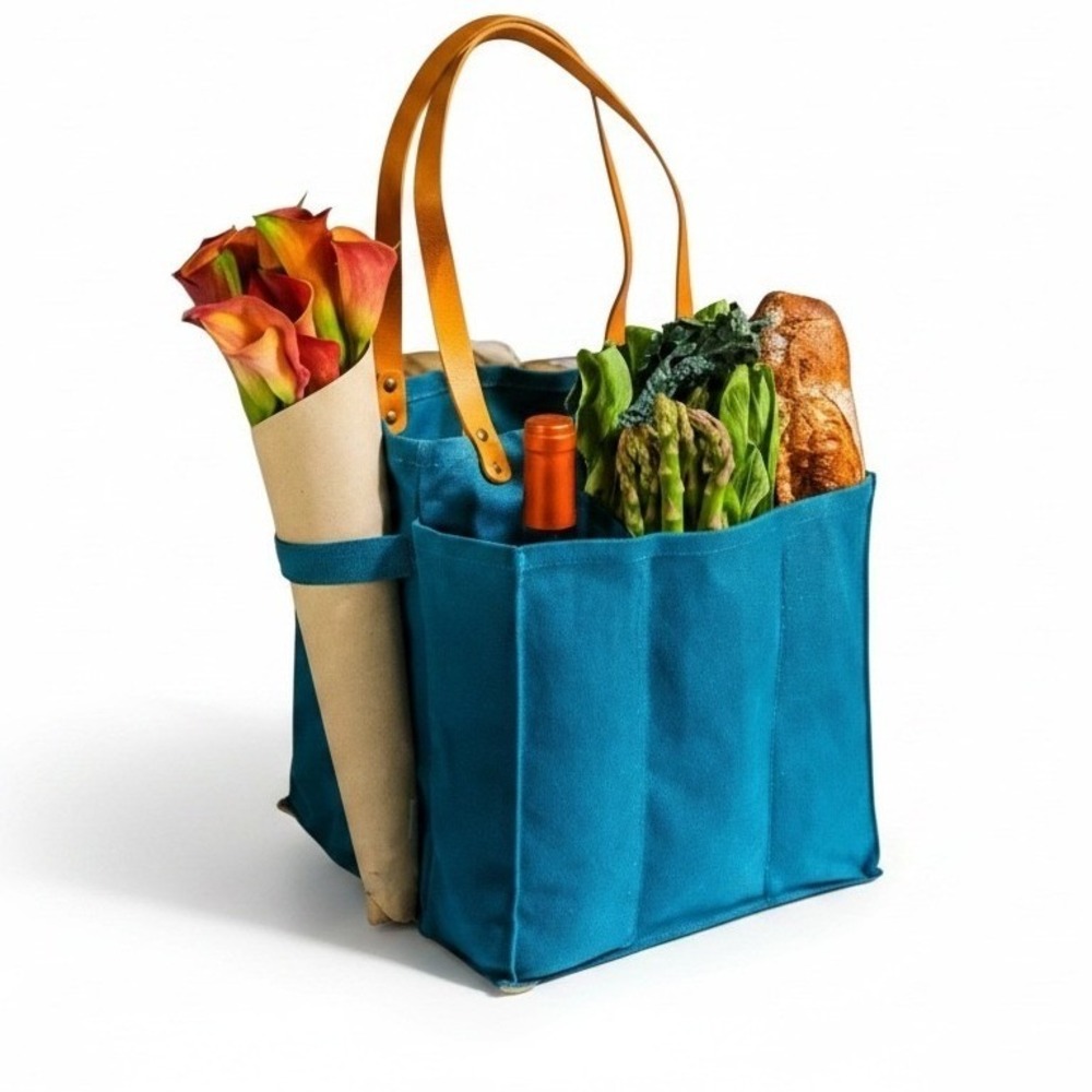 Capa Bunga Petrol Blue Multi-Pocket Canvas Market Tote Bag